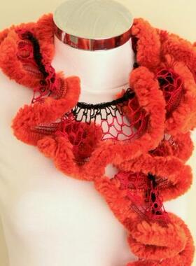 Scarf海外代购 手作迷人优雅美丽红色褶边荷叶边蓬松钩针围巾