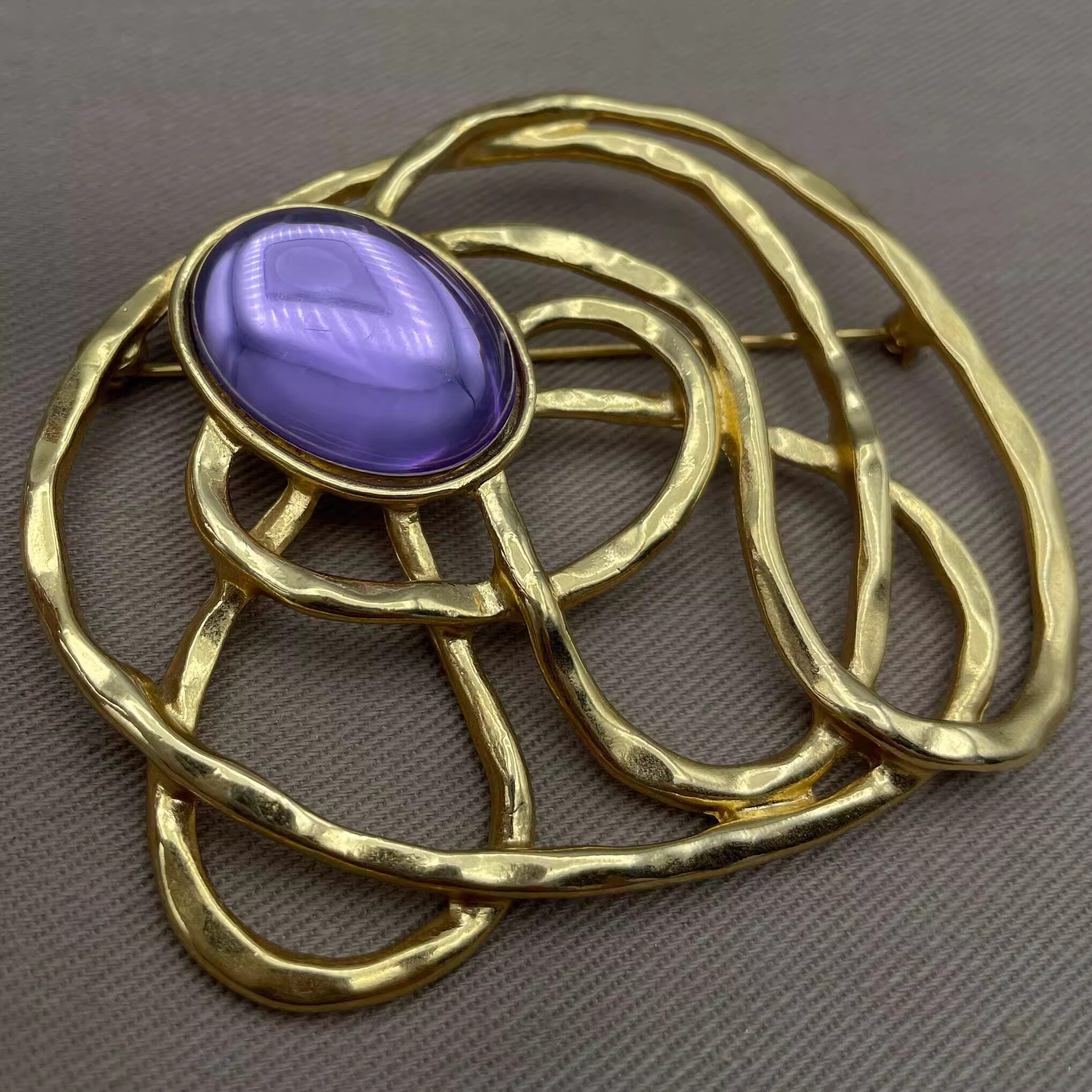 美国代购transparent ▽手作椭圆形紫水晶90年代复古金色网状胸针