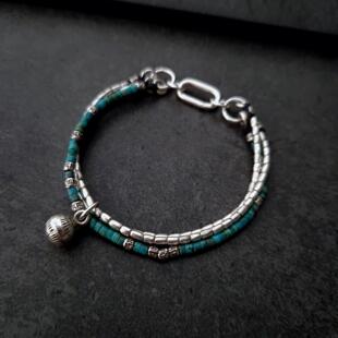 法国代购Turquoise◇手作部落民族风亚利桑那绿松石纯银叠戴手链