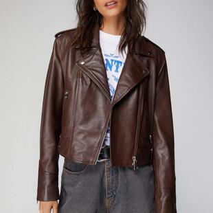 美国代购Jacket㊣ 手作简约真皮翻领拉链舒适宽松机车夹克皮衣