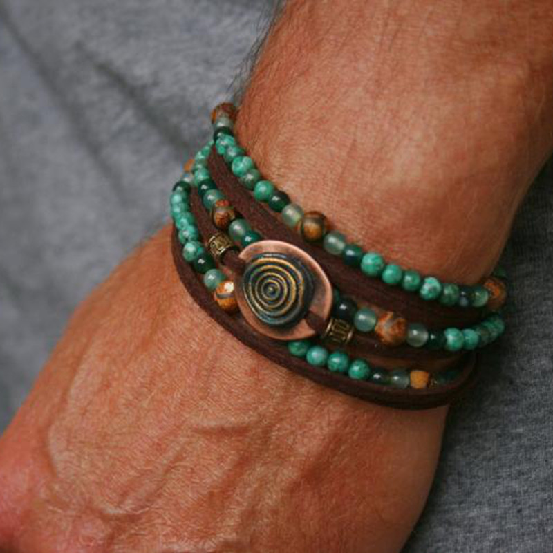 西班牙代购Wrap◇手作绿松石玛瑙珠串珠皮革青铜硬币男士叠戴手链