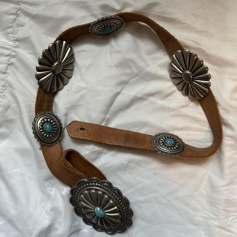 美国代购Concho◇古着棕色皮革康乔扣银色椭圆花边绿松石皮带腰带