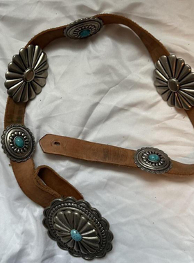 美国代购Concho◇古着棕色皮革康乔扣银色椭圆花边绿松石皮带腰带