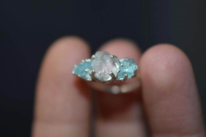 美国代购Rough&infin;手作精美原始天然海蓝宝石钻石925纯银订婚戒指