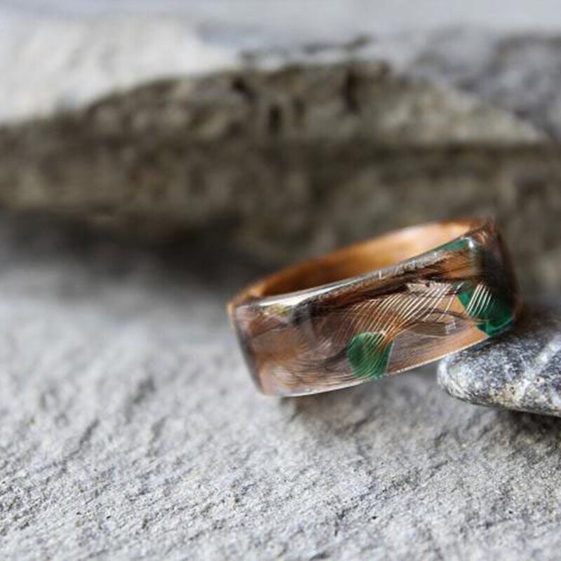 美国代购Feather◇手作雪松木孔雀石真猎鹰羽毛树脂木质男士戒指