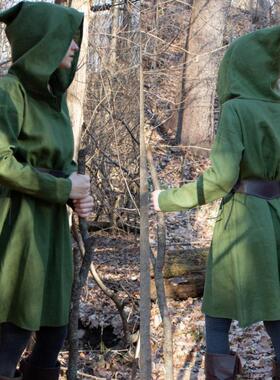 Tunic㊣美国代购 手作中世纪仿古精灵连帽束腰外衣亚麻绿色外套
