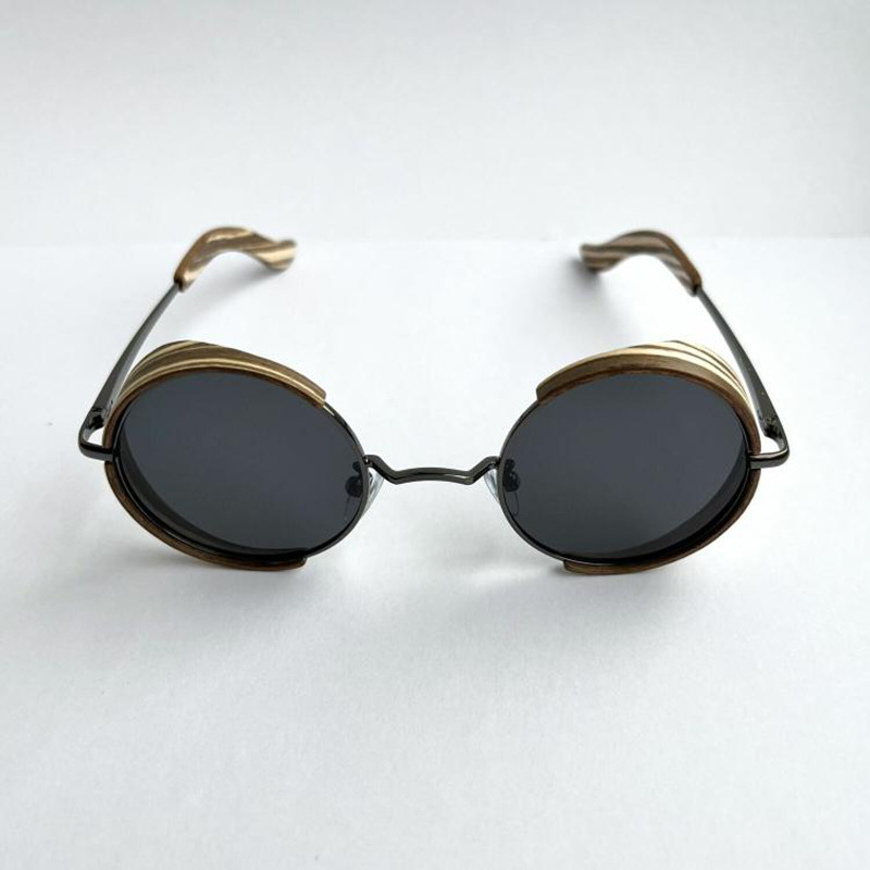 俄罗斯代购Round◇手作复古圆形金属框架木质斑马纹中性太阳眼镜