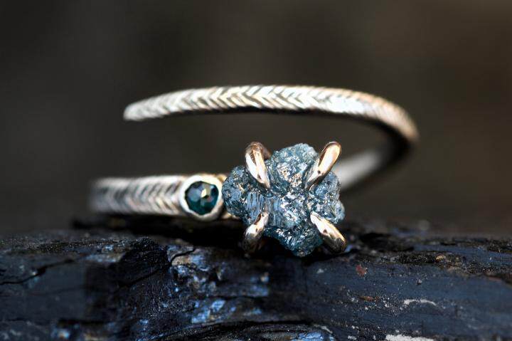 海外代购Diamond◇手作天然蓝色钻石纯银白金黄金可调环结婚戒指