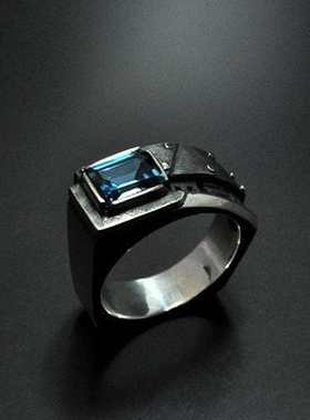 男纯银复古天然伦敦蓝托帕石戒指