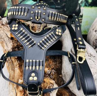 手作哥特弹壳牛皮胸背带牵引绳狗狗项圈套装 Collar㊣ 土耳其代购