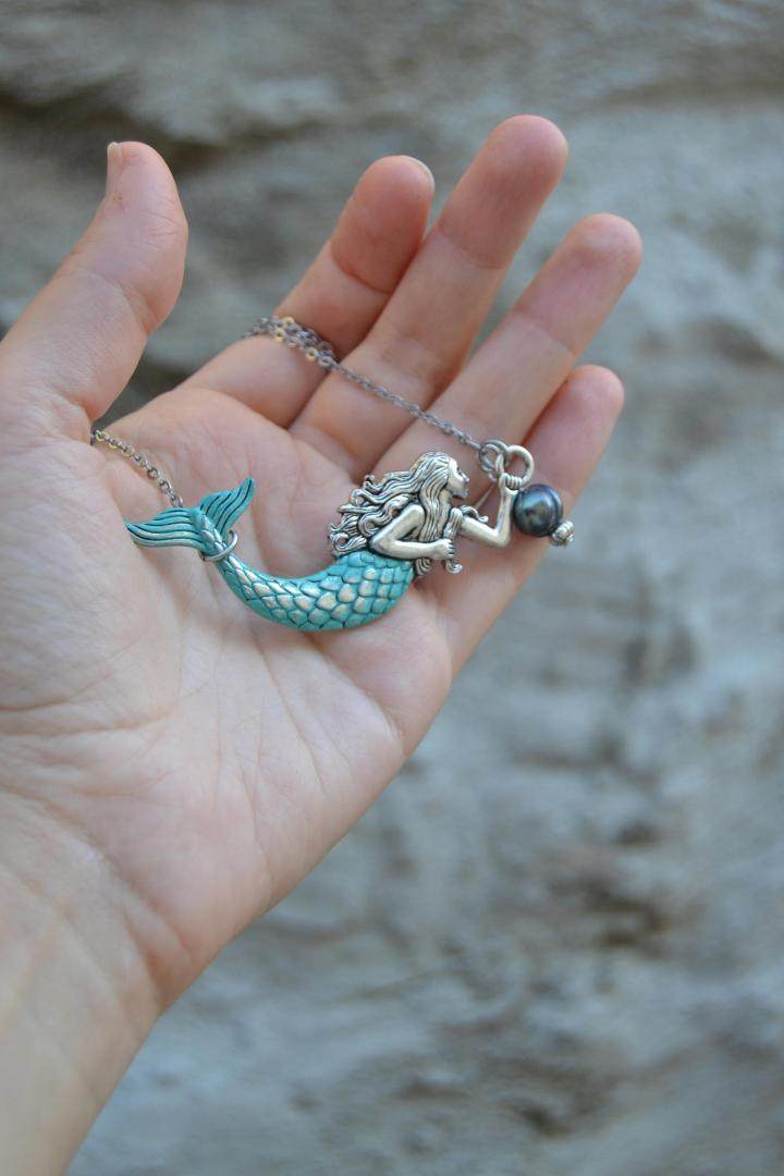 西班牙代购Mermaid手作华丽天然黑色淡水珍珠手绘美人鱼项链图片
