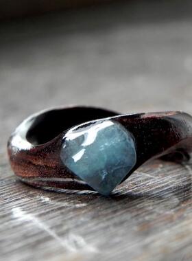 海外代购Forest◇手作复古森林自然蓝色海蓝宝石镶嵌木制弯木戒指