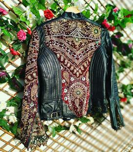 Jacket㊣西班牙代购 手作迷人美丽宝石刺绣民族摩托车外套皮衣