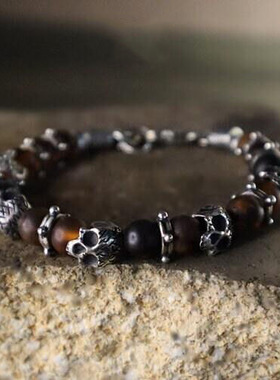 男士氧化纯银棕色琥珀串珠手链