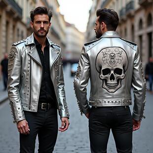 爱尔兰代购Jackets㊣ 手作摇滚朋克铆钉骷髅刺绣皮革机车夹克皮衣