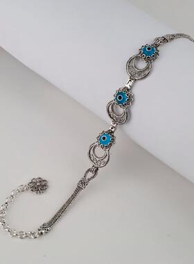 美国代购Bracelet㊣ 手作精美艺术玻璃珠蓝色邪眼925纯银花丝手链