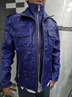 BIKER㊣海外代购 手作迷人拉链好莱坞电影摩托车夹克蓝色真皮皮衣