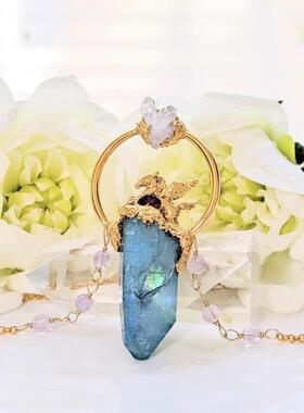 海外代购Crystal㊣ 手作华丽天然蓝色石英水晶簇碧玺飞马吊坠项链