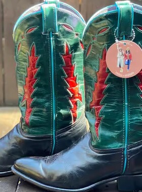 Cowgirl㊣美国代购 古着老式西部牛仔风中跟蓝绿色黑色皮革拼接靴