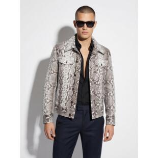 土耳其代购Python▽手作天然白灰色蟒蛇皮卡车男士夹克皮衣外套