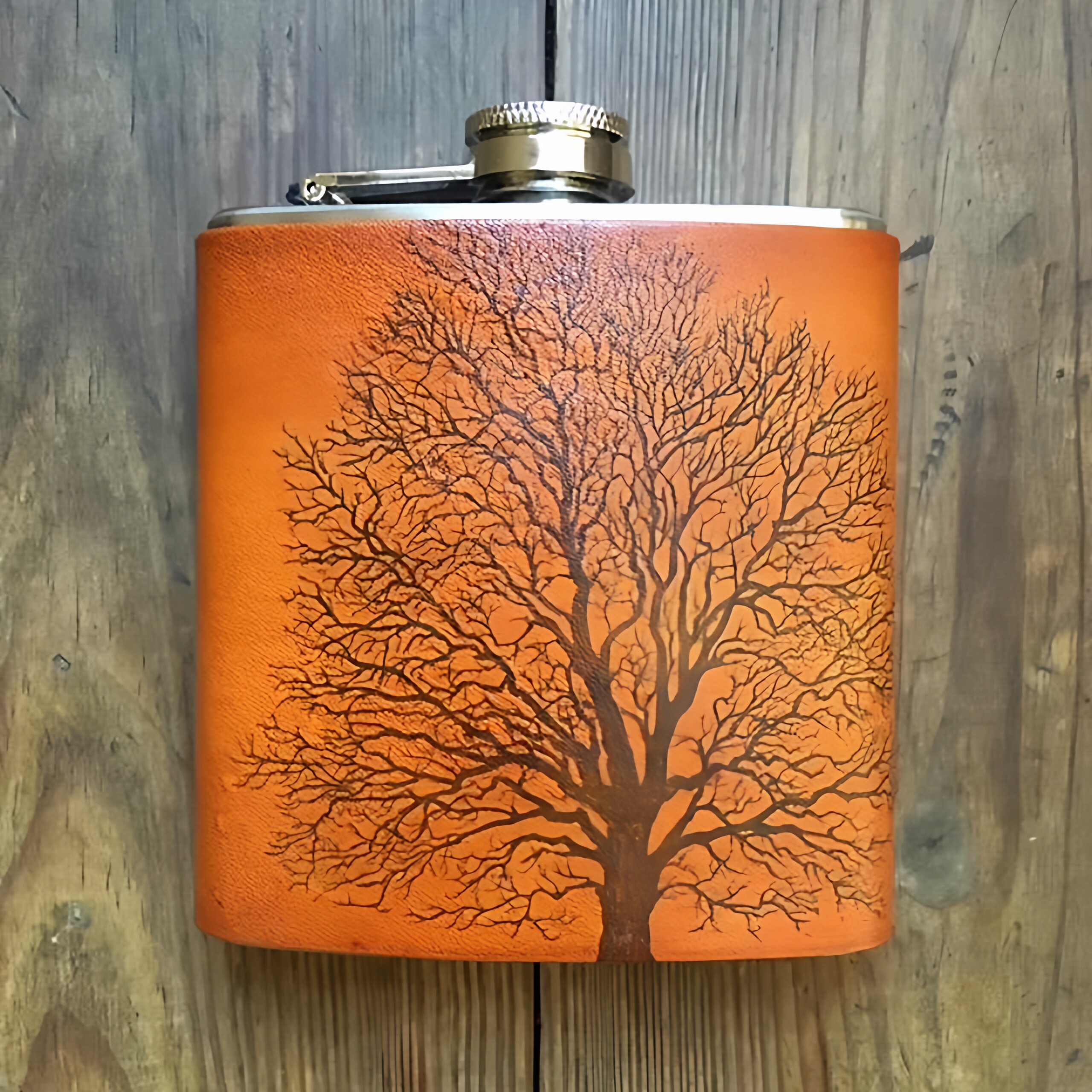 美国代购Tree◇手作复古森林树形压纹牛皮真皮包裹缝制不锈钢酒壶