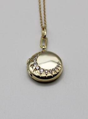 美国代购Locket▼手作方晶锆石新月圆形水晶照片纪念镀金项链吊坠