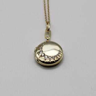 Locket▼手作方晶锆石新月圆形水晶照片纪念镀金项链吊坠 美国代购