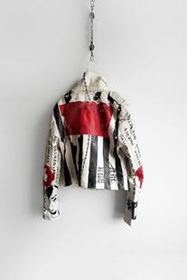 美国代购 手作创意手绘黑色条纹红色斑块皮革夹克短外套 Bottom㊣