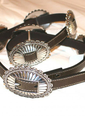 美国代购Concho◇手作复古棕色皮革银色椭圆金属花边扣皮带腰带