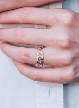 海外代购Peridot◇手作天然橄榄石镶嵌编织树枝14K纯金订婚戒指