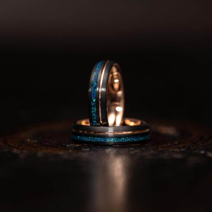 美国代购Opal◇手作复古华丽蓝色蛋白石镶嵌镀玫瑰金雕刻结婚戒指