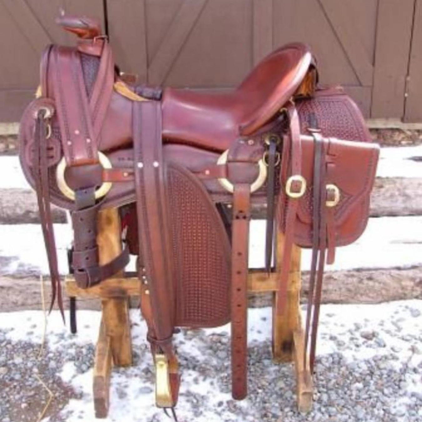 海外代购Saddle◎手作定制16英寸棕色西部牧场马鞍配马笼头胸甲