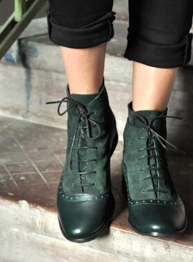 波兰代购Leather ▼手作时尚休闲耐用蕾丝绿色脚踝系带皮靴牛津靴