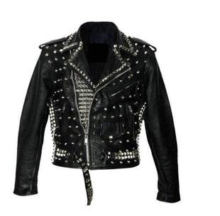 美国代购 机车夹克皮衣 Biker◇手作朋克摇滚黑色真皮铆钉腰带男士