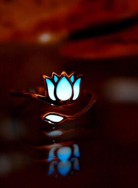 清新莲花发光夜光戒指925纯银