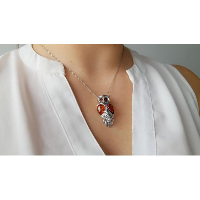 加拿大代购Amber◇手作天然波罗的海琥珀银色猫头鹰925纯银项链