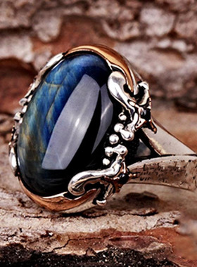 纯银复古蓝色虎眼石宝石戒指镶嵌