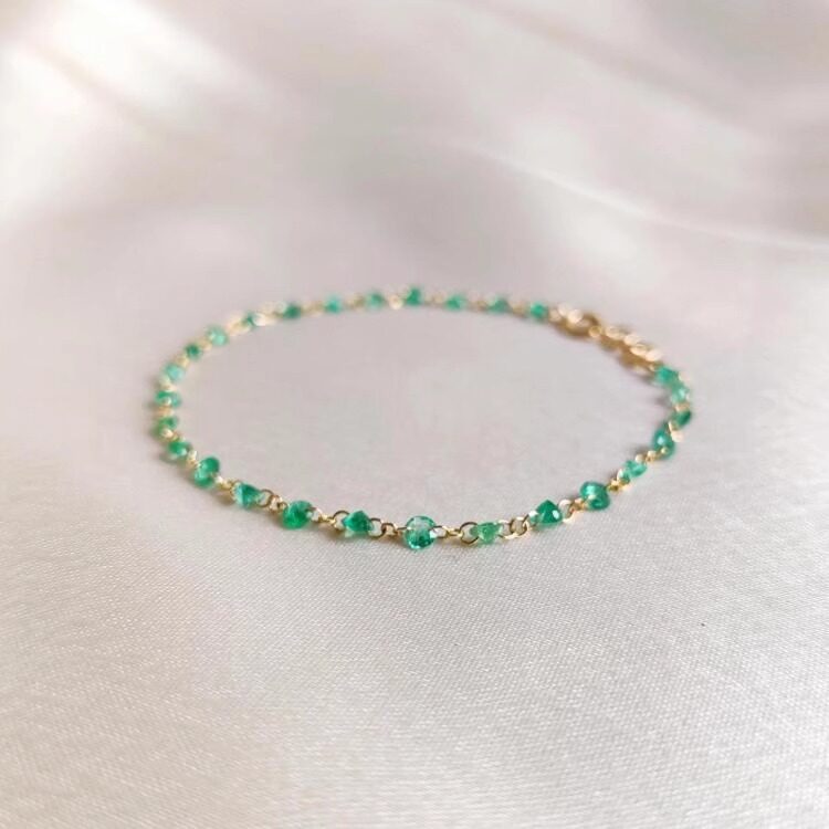 海外代购Emerald◇手作精致天然祖母绿宝石诞生石女士14K纯金手链