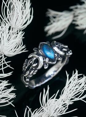 纯银复古月亮月相戒指拉长石镶嵌