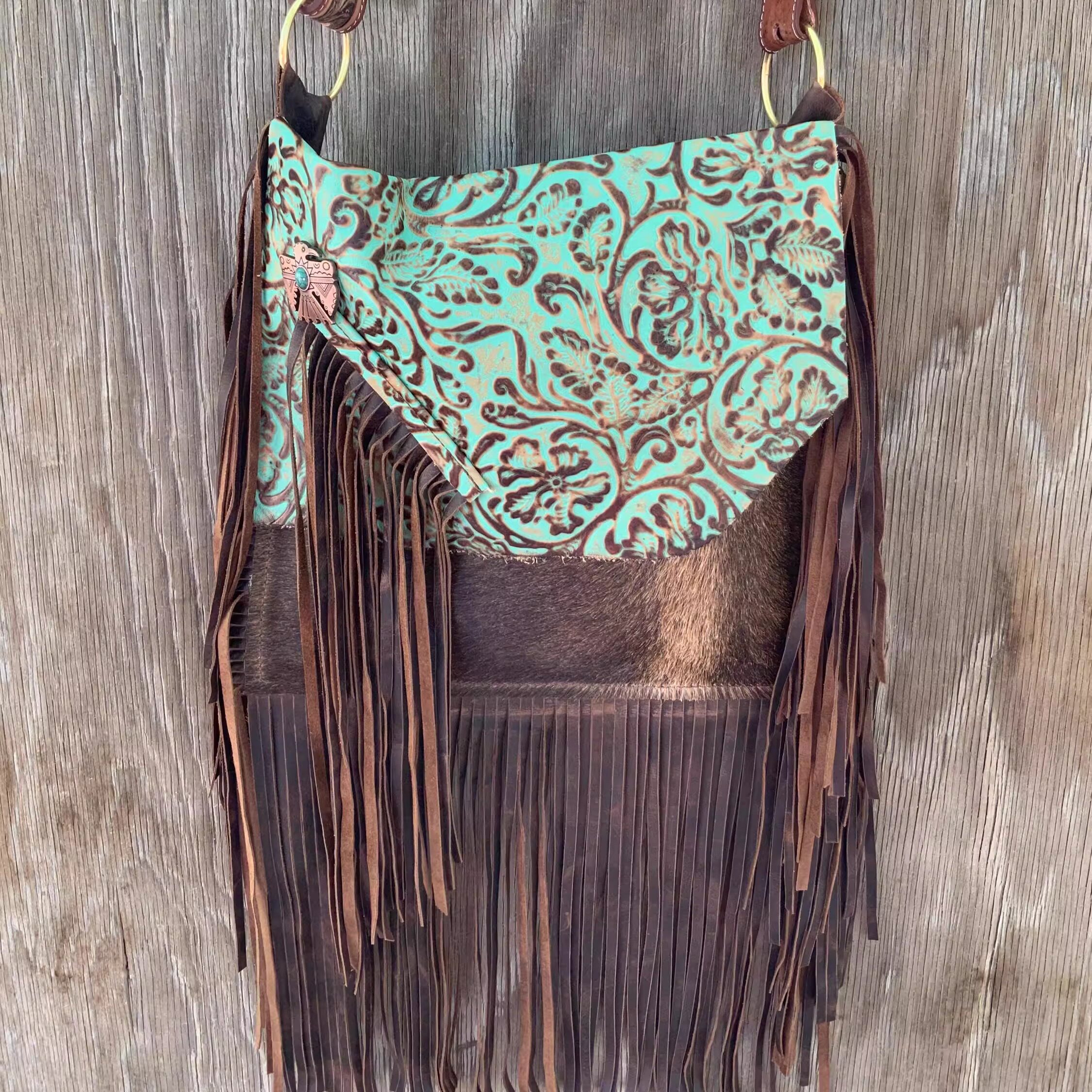 美国代购Handbag◎手作做旧波西米亚风绿松石压花牛皮流苏斜挎包