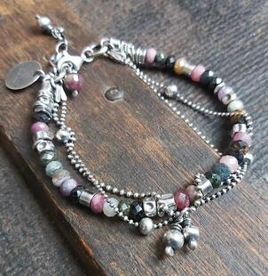 波兰代购Tourmaline◇手作复古碧玺宝石彩色串珠银珠氧化纯银手链