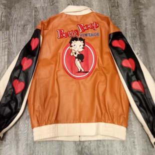 美国代购 古着棕色米色皮革拼接可爱卡通机车夹克皮衣 Jacket㊣