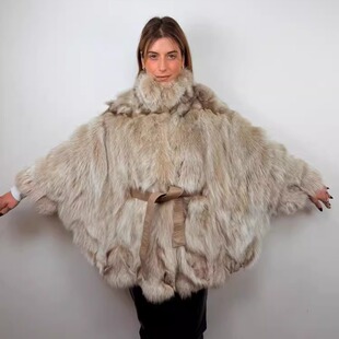 希腊代购 手作奢华舒适真雪狐狐狸毛腰带披肩斗篷皮草 Jacket㊣