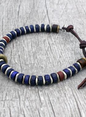 美国代购Lapis◇手作复古部落个性深蓝色青金石串珠皮革男士手链