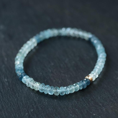 天然海蓝宝石串珠14K金圆盘手链