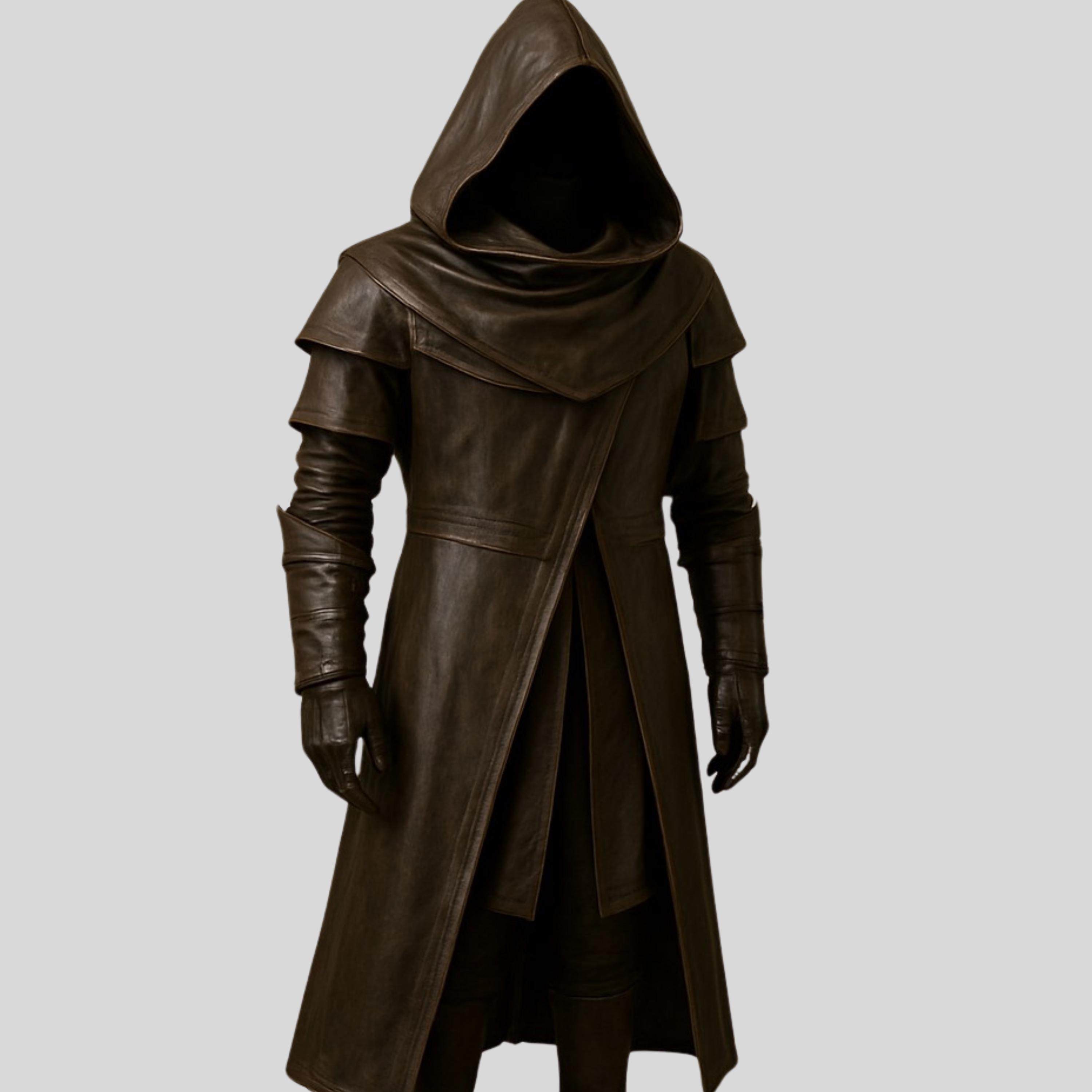 海外代购Hooded◇手作复古暗黑棕色真皮连帽长款皮衣Cosplay男装