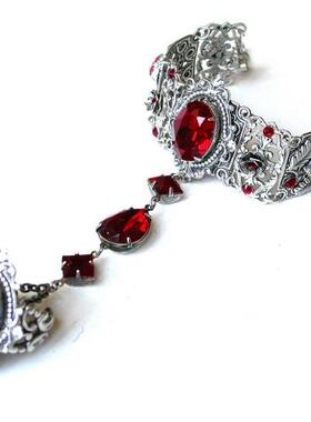 红色水晶银色掐丝连指戒指手链