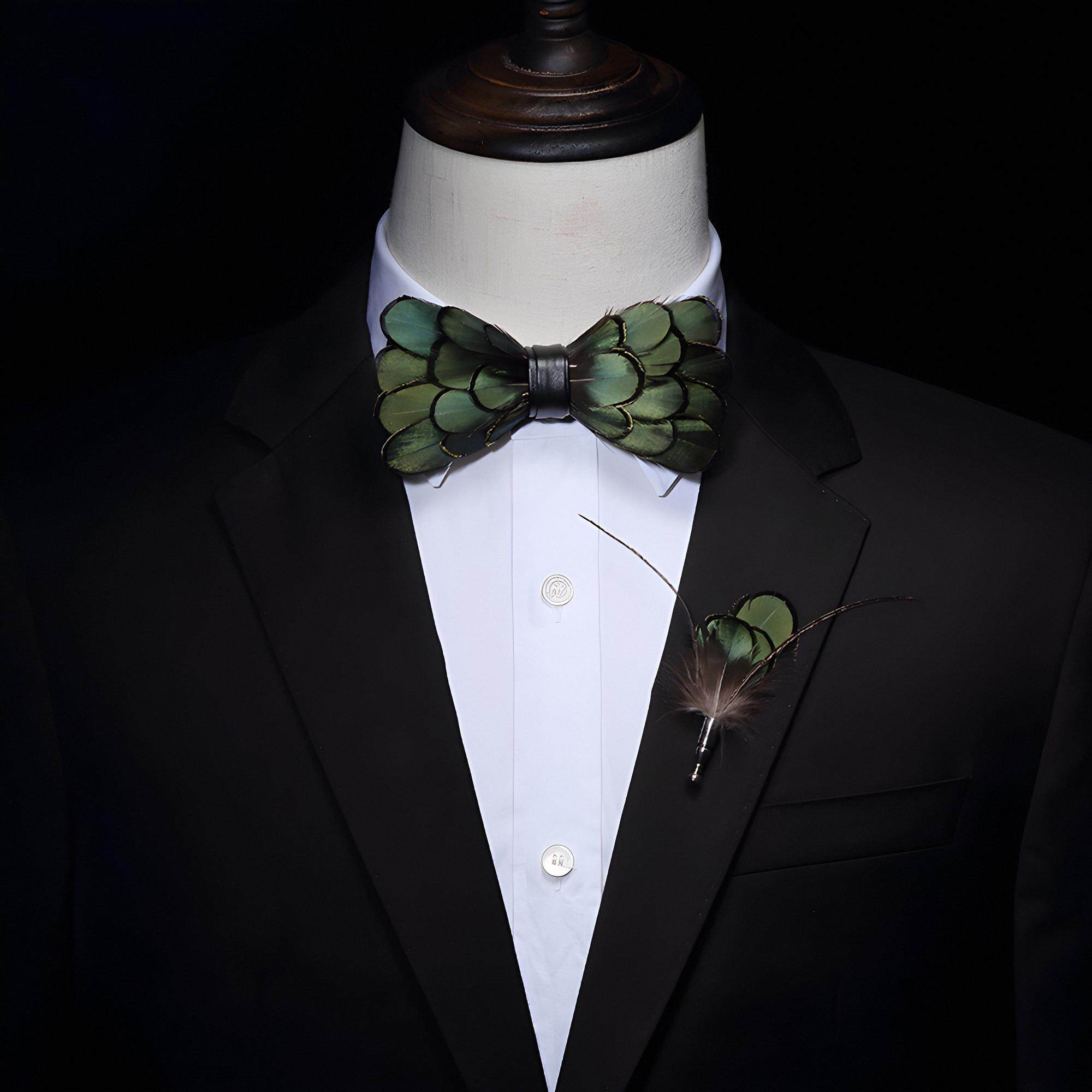 英国代购Brooch ◎手作柔软天然绿色羽毛男士领结套装（含胸针）