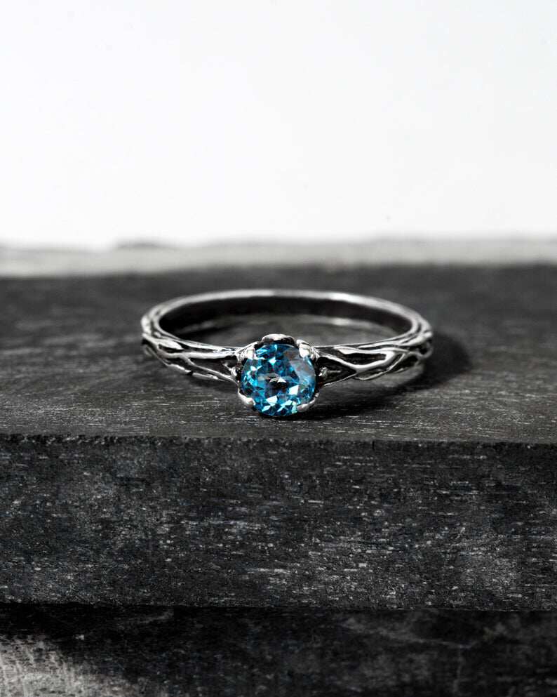 印尼代购Topaz◇手作复古天然蓝色托帕石宝石树枝纯银订婚戒指
