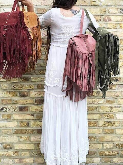 英国代购Boho◇手作嬉皮波西米亚铆钉流苏复古西部牛仔双肩背包